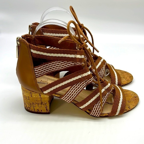 Nine West - Ghobio Nautical Style Brown & White Lace Up Block Cork Heels SZ 7.5 - Picture 1 of 14